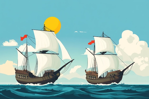 Vector white sails spanish galleons sailing