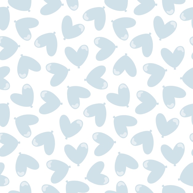 White seamless pattern with blue heart shaped balloons.