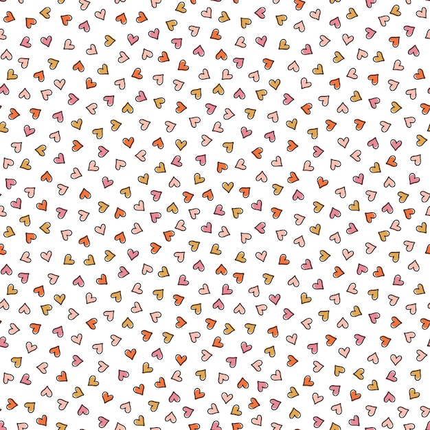 White seamless pattern with colorful tiny hearts and black outline.