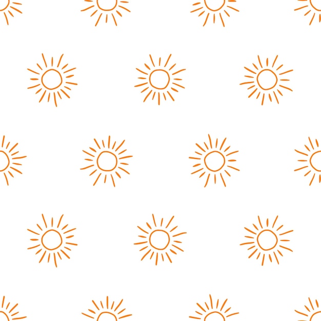 White seamless pattern with orange hand drawn suns.