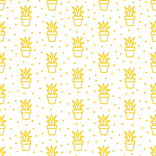 White seamless pattern with yellow hand drawn succulents.