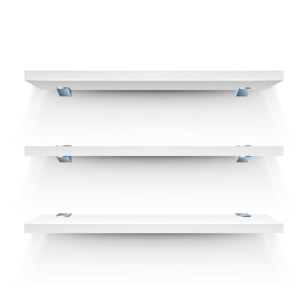 White shelf mockup Three empty shelves template Realistic bookshelf design