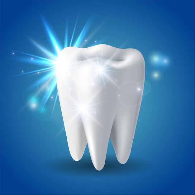 White shining tooth, concept whitening of human tooth. Teeth protection, tooth care dental medical vector icon. 3d vector illustration.