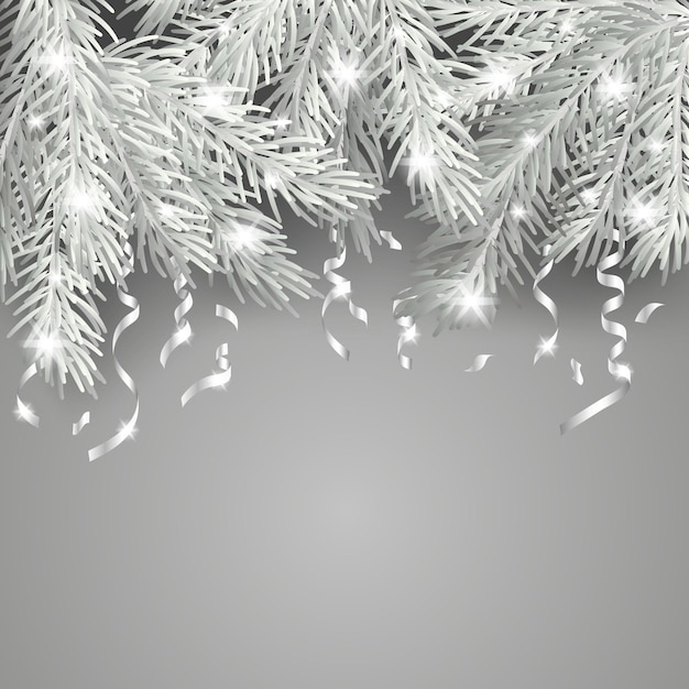 Vector white and shiny christmas tree branch with silver serpentine on a gray background