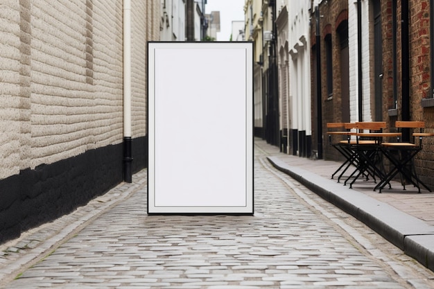 a white sign on a cobblestone street with a white frame