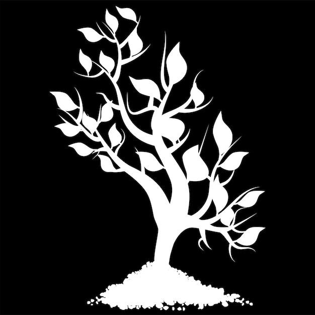 White silhouette of young shoot of tree with leaves in heap of soil isolated on black background Design element