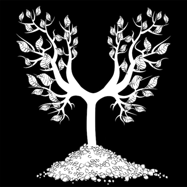 White silhouette of young tree with roots in pile of soil isolated on black background Design element