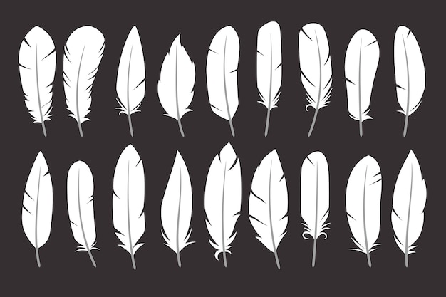 White silhouettes of a bird feather collection Feathers icon set in flat style Vector isolated on white background