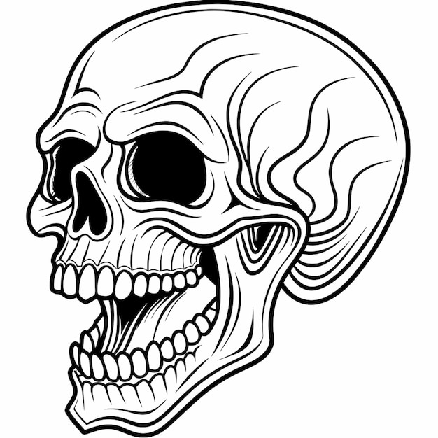 Vector white skull open mouth realistic detailed war straight lines white infill side look art