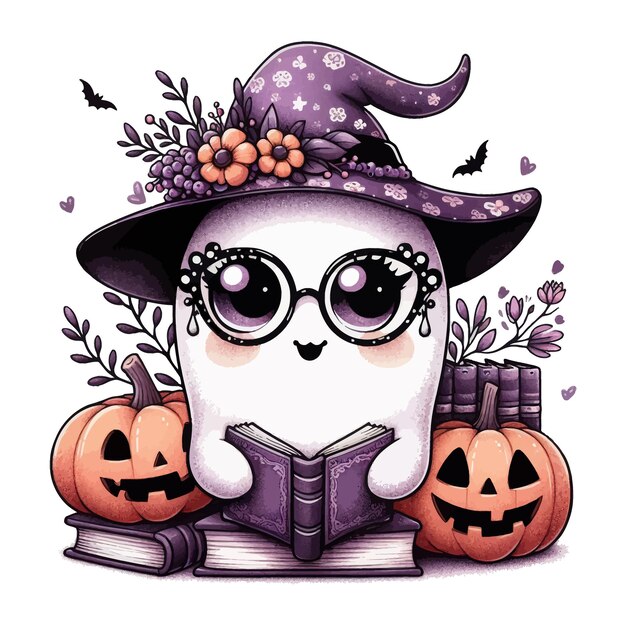 Vector a white skull with a purple hat reading a book with pumpkins on it