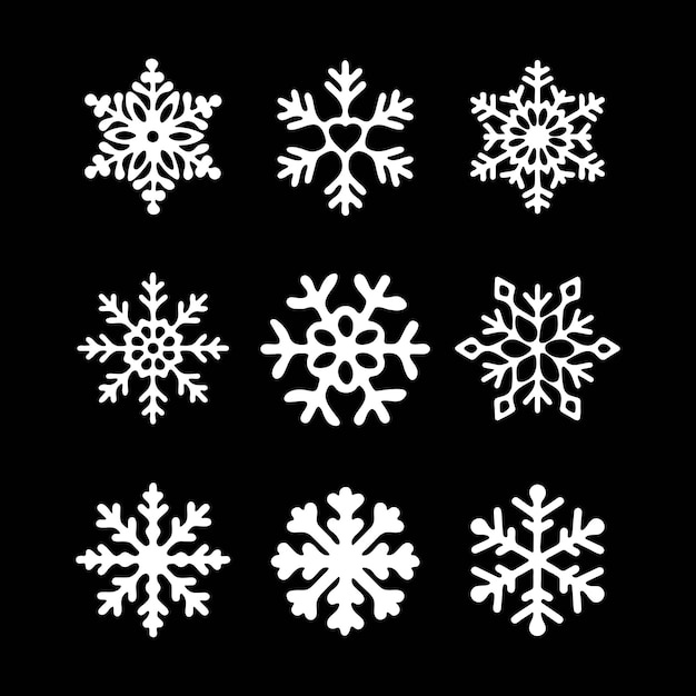 White Snowflakes on a black background. Isolated elements in a flat style.