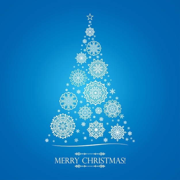 White snowflakes in the form of a Christmas tree on a blue abstract background. Stylish minimalistic Christmas card for Xmas and New Year.