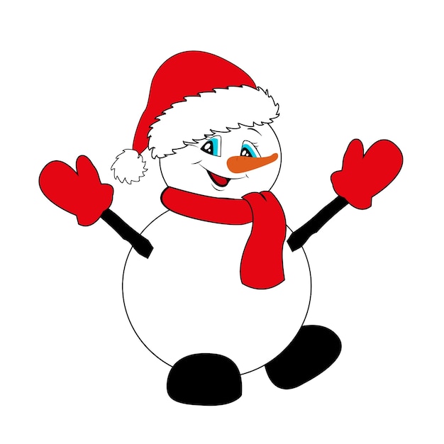 White snowman in red Santa hat scarf and mittens Christmas and New Year