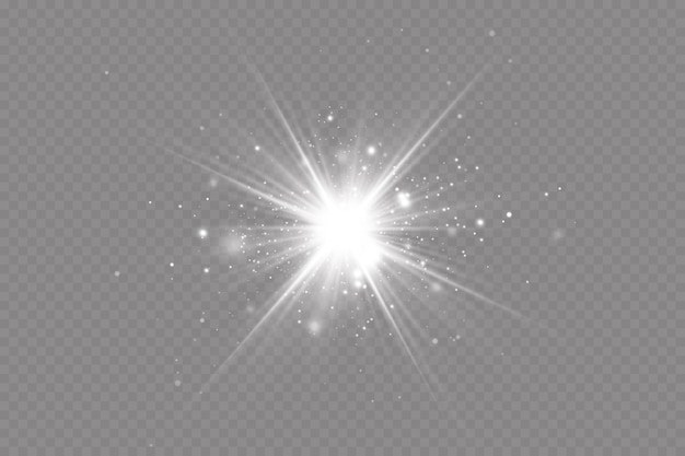 White sparkles.Bright star.Glow burst.Rays of the sun on a transparent background.