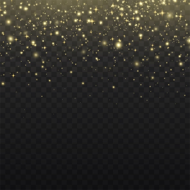 White sparks and golden stars sparkle with a special light effect. Sparkling particles of fairy dust.