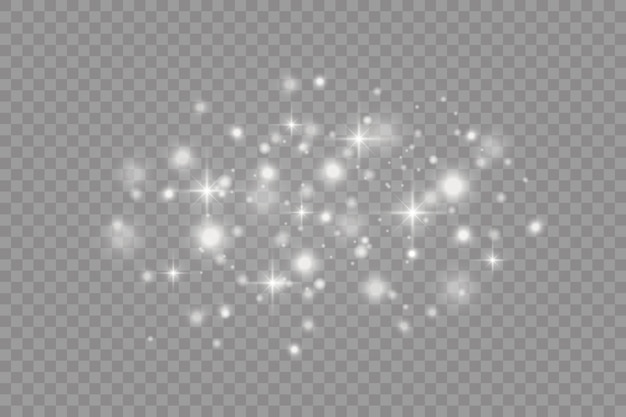 White sparks and stars glitter special light effect. Sparkles on transparent background.