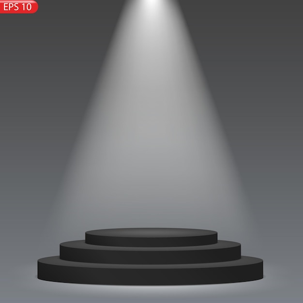 The white stage podium with shining spotlight in the black background vector