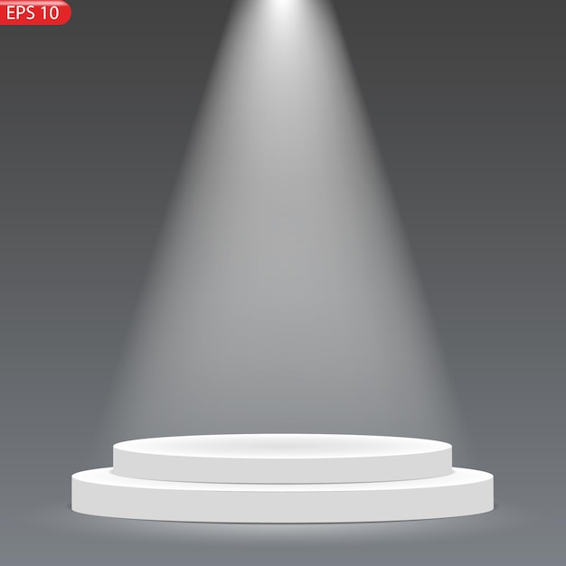 The white stage podium with shining spotlight in the black background vector