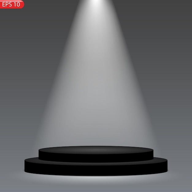 The white stage podium with shining spotlight in the black background vector