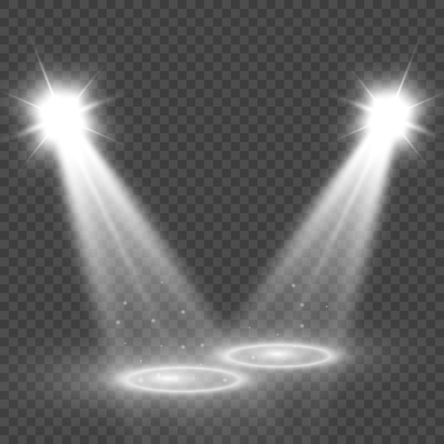 White stage with spotlights.  illustration of a light with sparkles on a transparent background.