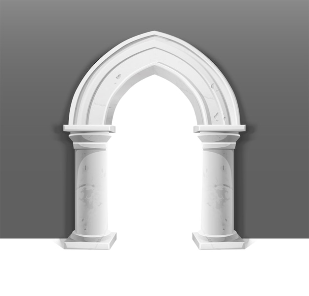 White stone antique greek arch portal on gray wall