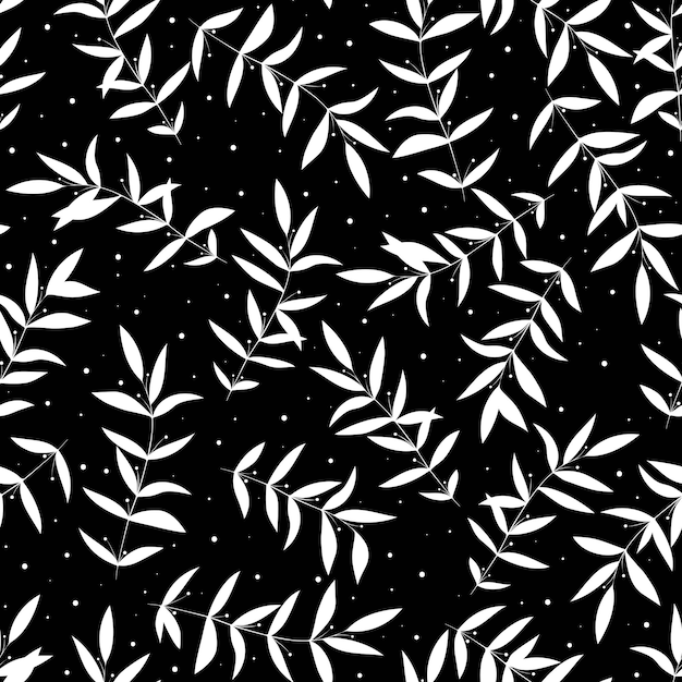 White stylish branches on black background Seamless monohrome pattern