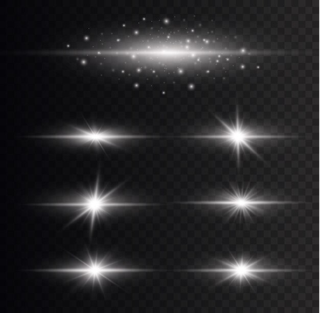 Vector white sun flare set light effect glowing flash star sparks silver horizontal rays sparkles vector