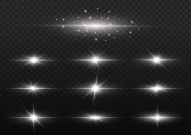 Vector white sun flare set light effect glowing flash star sparks silver horizontal rays sparkles vector