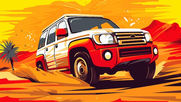 White SUV rushing in desert 4x4 sport offroad adventure horizontal banner vector illustration