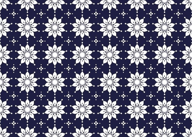 White symbol flowers on dark blue background ethnic fabric seamless pattern design for cloth