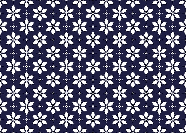 White symbol flowers on dark blue background ethnic fabric seamless pattern design