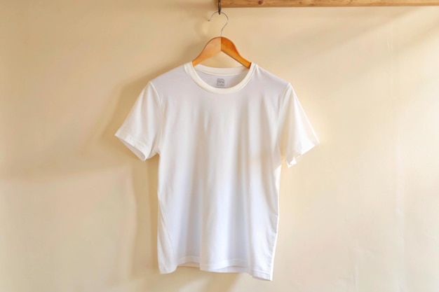 Vector a white t shirt hangs on a hanger with a wooden frame