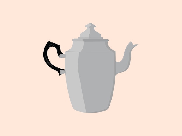 A white teapot with a black handle sits on a pink background.