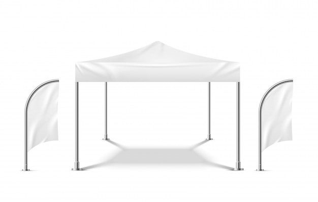 White tent with flags. Promo marquee mockup beach event outdoor material pavilion mobile camping party tent template