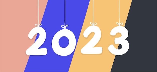 White text 2023 holiday word hanging on the ropes. Happy new year banner.