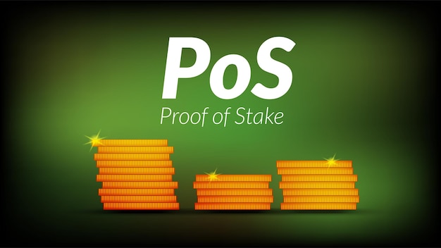 White text PoS Proof of Stake with stacks of coins with shadows on dark green background Banner for news or articles Vector