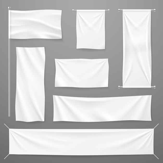 Vector white textile advertising banners. blank fabric cloths hanging on rope. folded empty cotton stretched canvas.