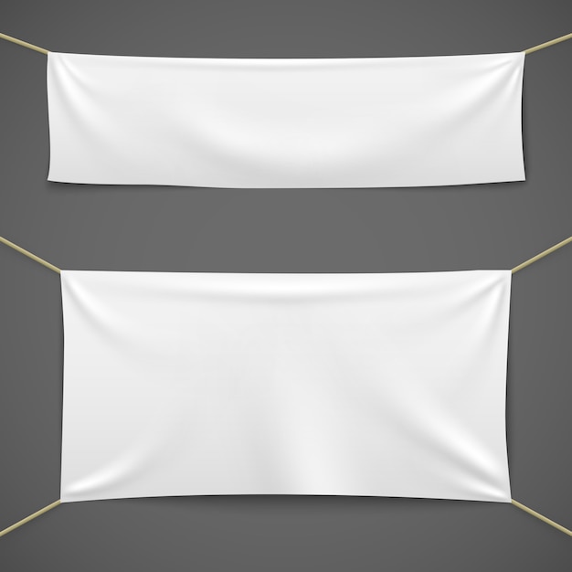 White textile banners. Blank fabric flag hanging canvas sale ribbon horizontal template advertising cloth banner set