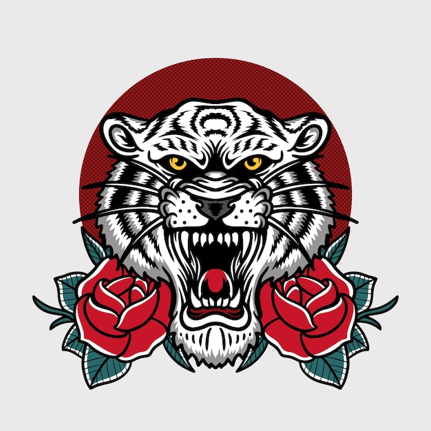 The white tiger head angry expression with a roses illustration