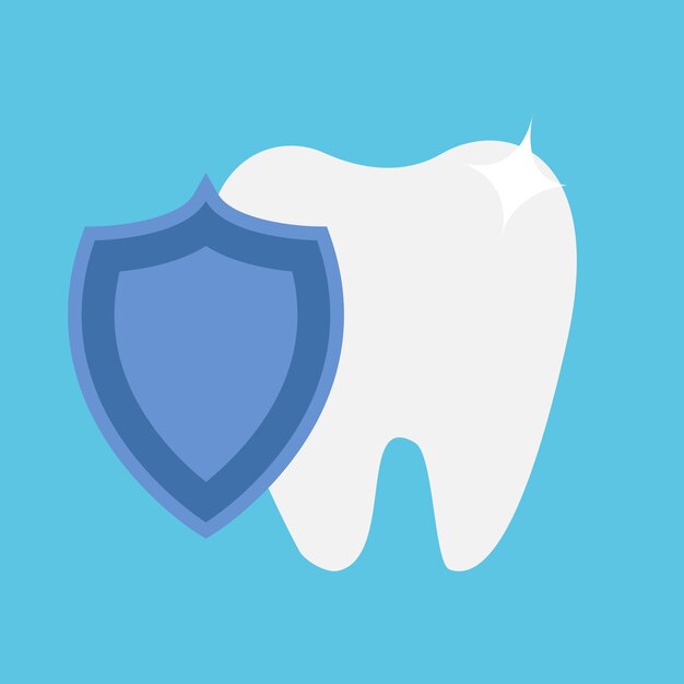 A white tooth with a shield on a blue background Vector flat style