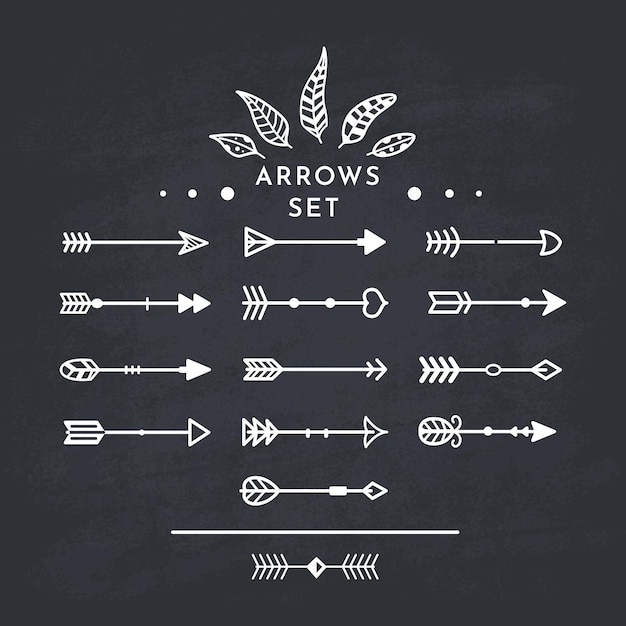 White tribal arrow in new modern style. Chalkboard Arrows hand drawn icons set on the black blackboard.