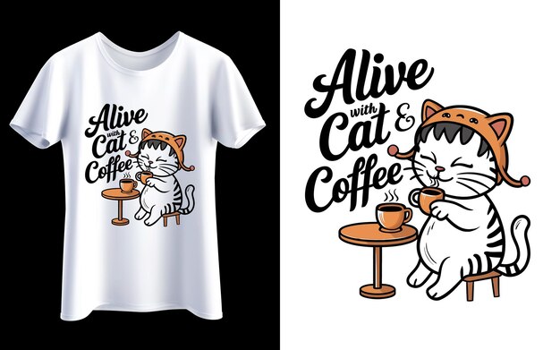 a white tshirt with a cat on it and coffee mugs