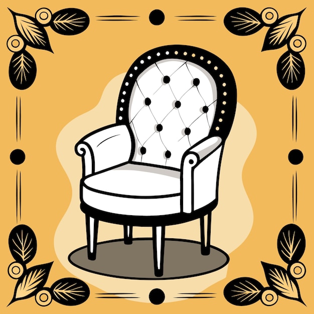 Vector a white tufted armchair with a black outline on a yellow background with a black frame