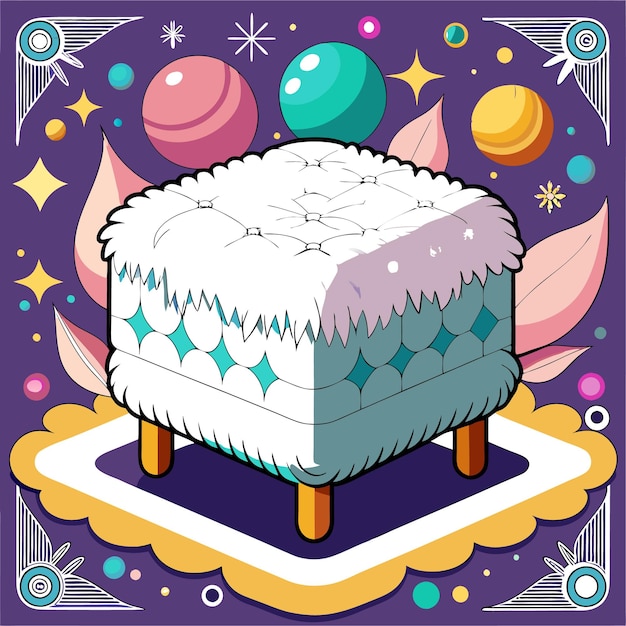 Vector a white tufted ottoman with wooden legs surrounded by colorful orbs stars and leaves on a dark blue background