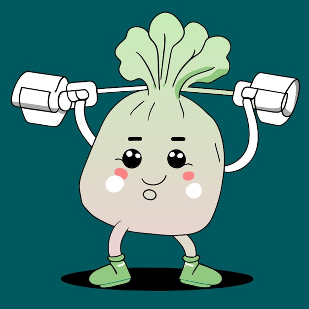 Vector a white turnip doing weights that is sweating and with a happy face vector illustration cartoon