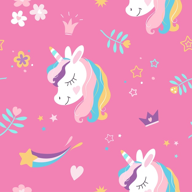 White unicorn with rainbow mane and magic horn seamless pattern on pink background with crowns