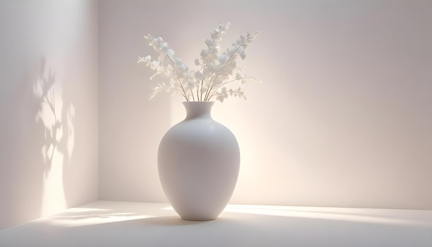 Vector a white vase with white flowers inside standing in a corner of a white room