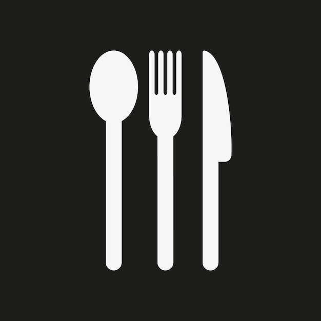 White vector icon of cutlery on black background.