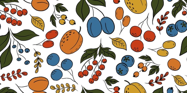 WHITE VECTOR SEAMLESS PATTERN WITH COLORFUL FRUITS AND BERRIES