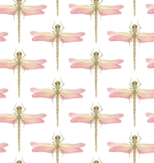 WHITE VECTOR SEAMLESS PATTERN WITH WATERCOLOR DRAGONFLIES